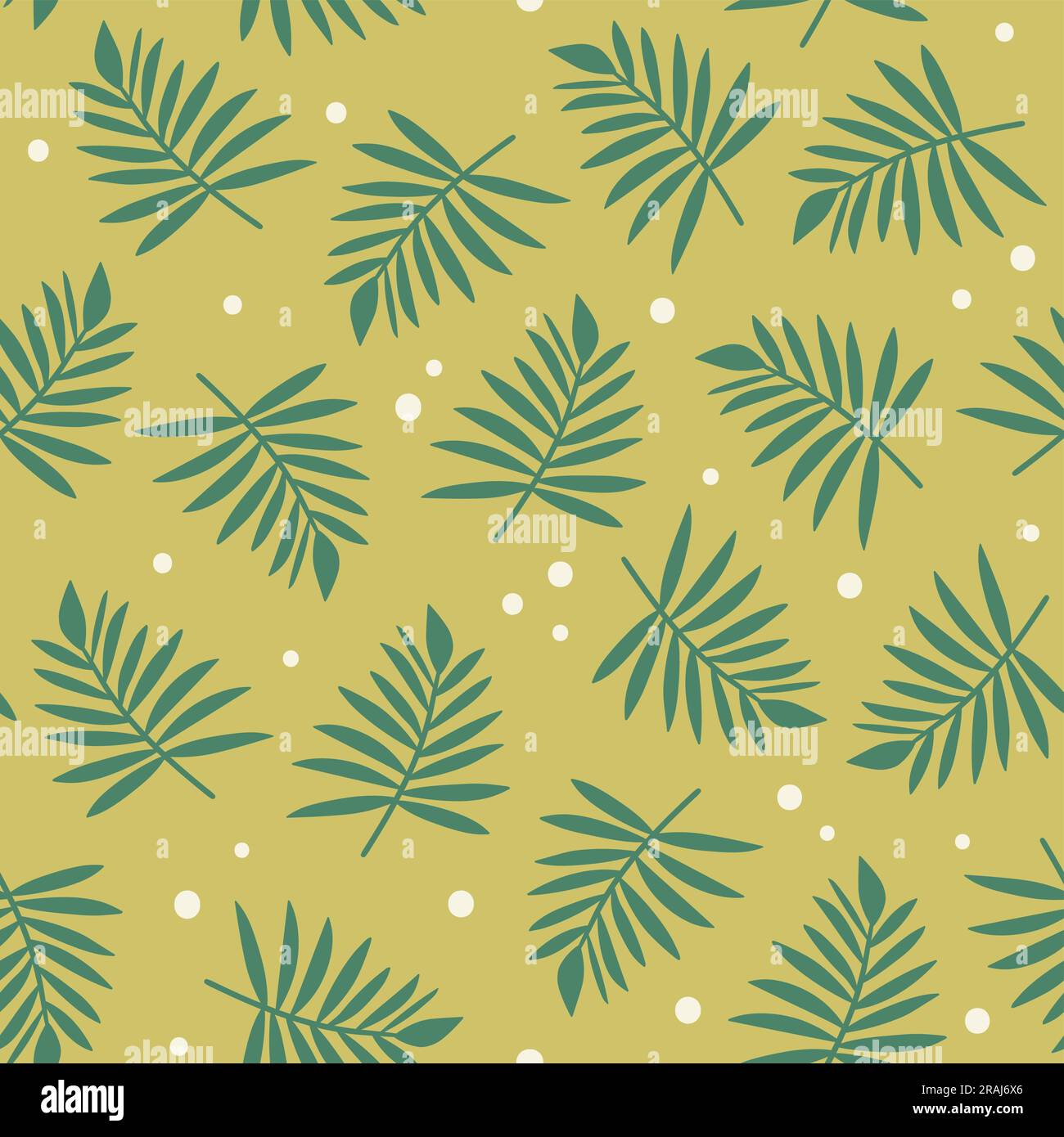 Motivo senza cuciture foglie verdi. Ripetere il pattern con le foglie di palmo isolate su sfondo verde. Design quadrato. Illustrazione vettoriale. Illustrazione Vettoriale