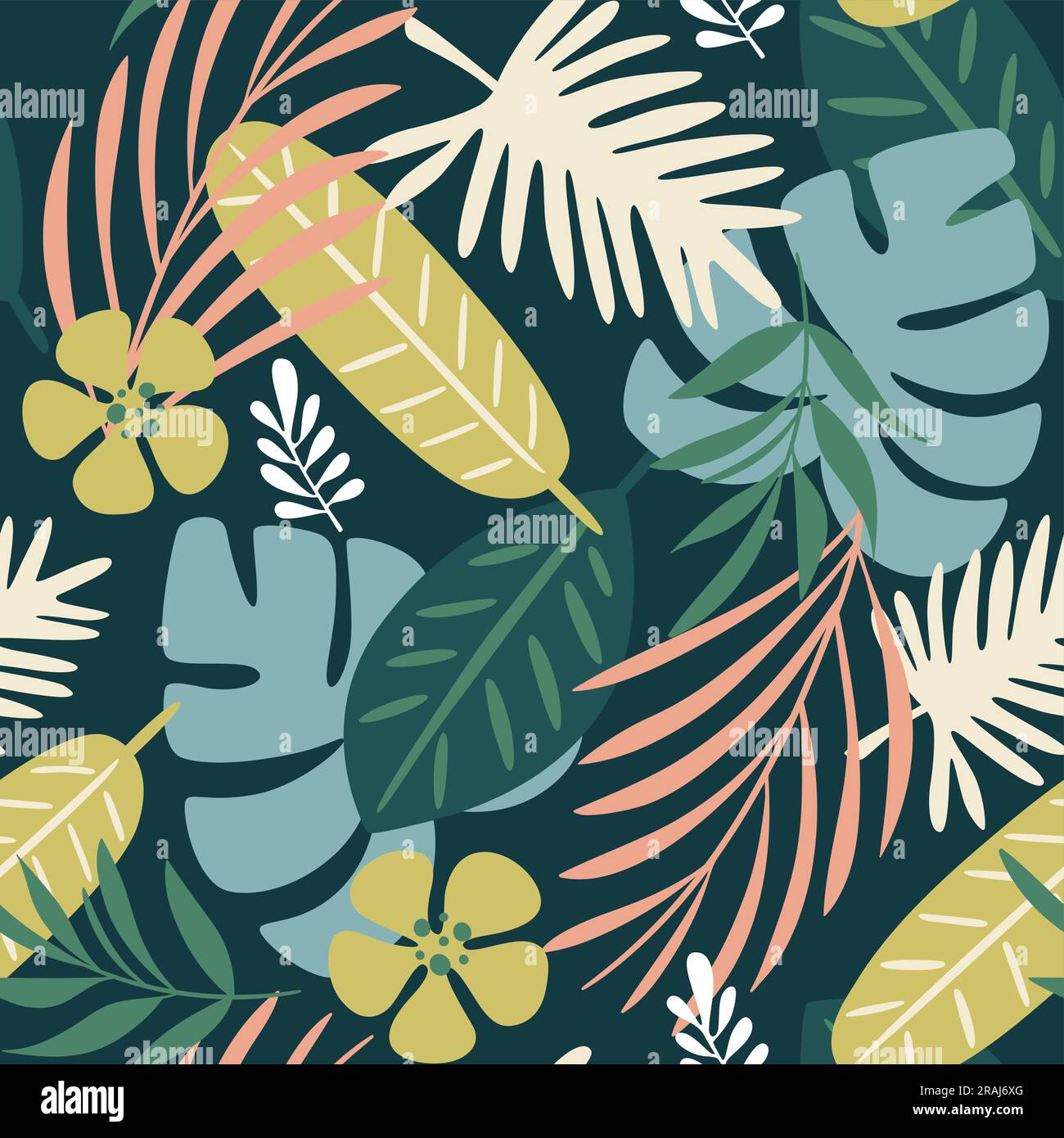 Foglie di palma e fiori di ibisco motivo senza cuciture. Simpatico motivo tropicale verde. Design quadrato. Illustrazione vettoriale. Illustrazione Vettoriale