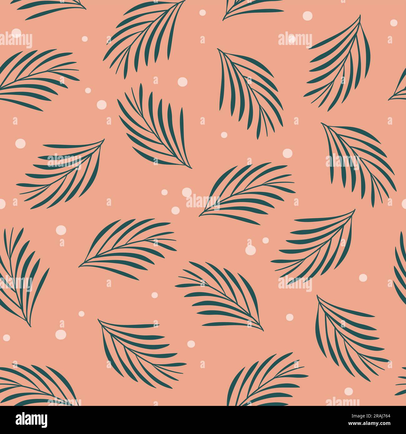 Motivo tropicale senza cuciture. Ripetizione con piccole foglie di palmo isolate sullo sfondo corallino. Design quadrato. Illustrazione vettoriale. Illustrazione Vettoriale