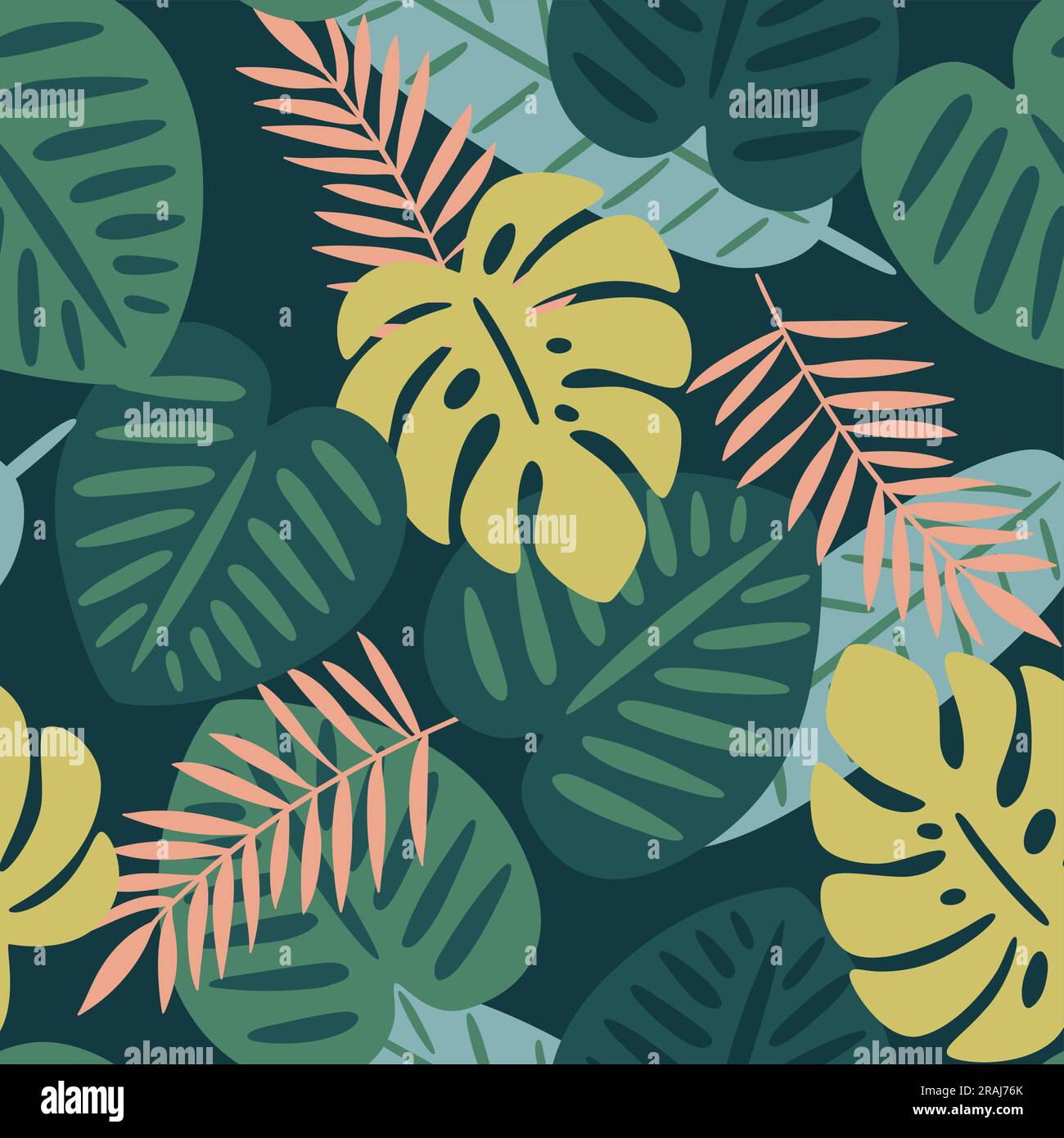 Monstera e palmo lasciano un motivo senza cuciture. Simpatico motivo tropicale verde. Design quadrato. Illustrazione vettoriale. Illustrazione Vettoriale