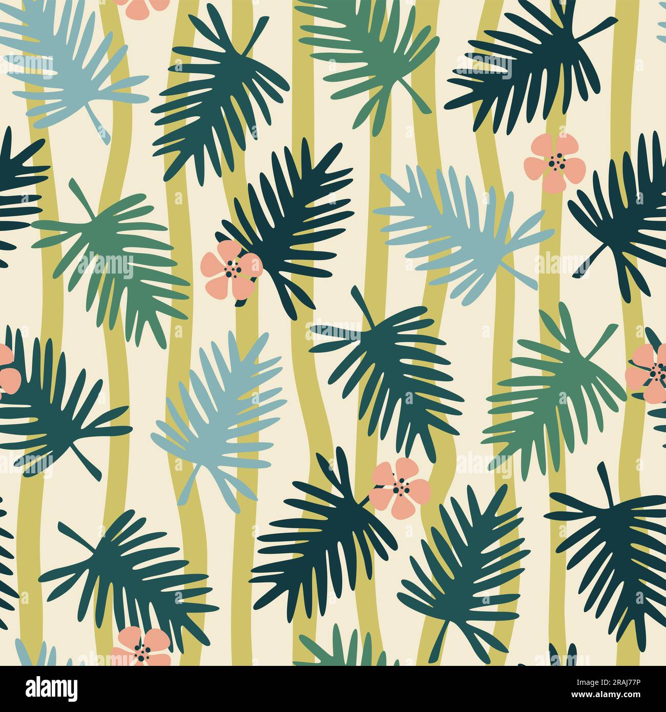 Il palmo lascia un motivo senza cuciture su sfondo a strisce verdi. Modello ripetuto con silhouette in foglie di palma e fiori di ibisco. Design quadrato. Illust vettoriale Illustrazione Vettoriale