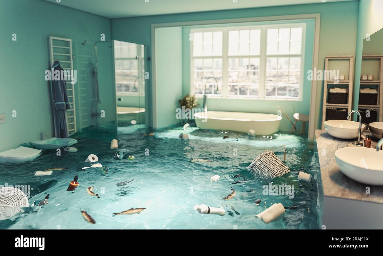 interno di un moderno bagno inondato con rendering 3d. Foto Stock