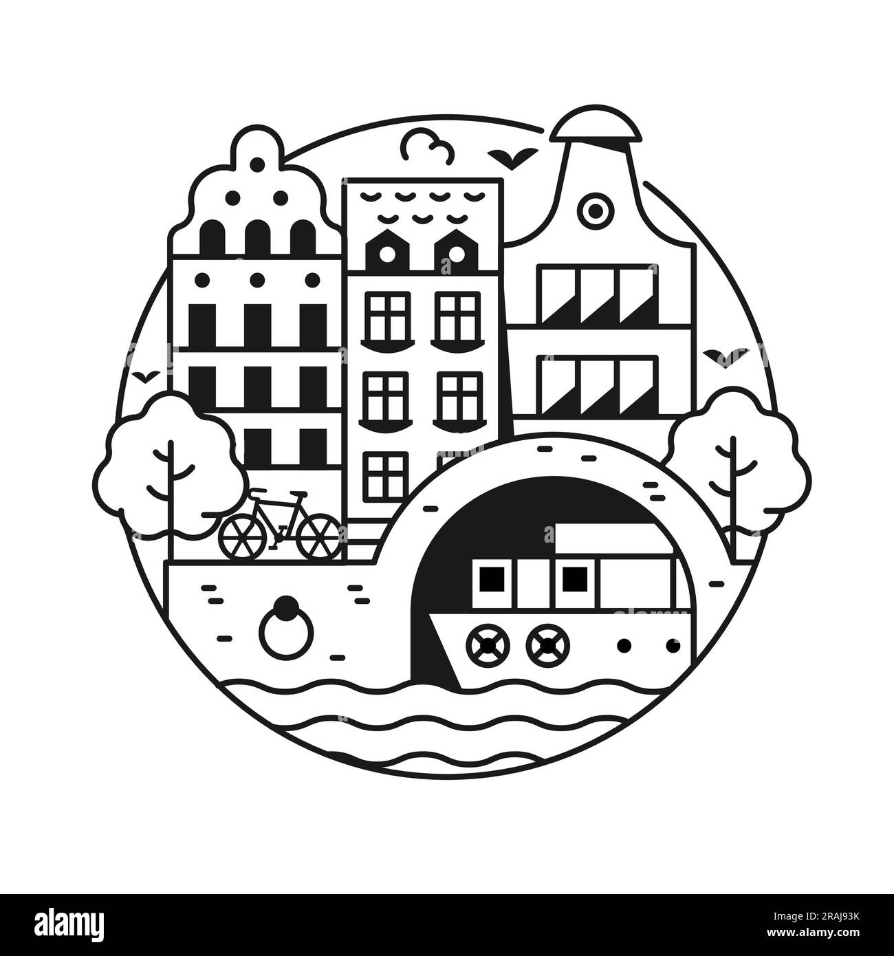 Viaggia per Amsterdam Circle Icon in Line Art Illustrazione Vettoriale