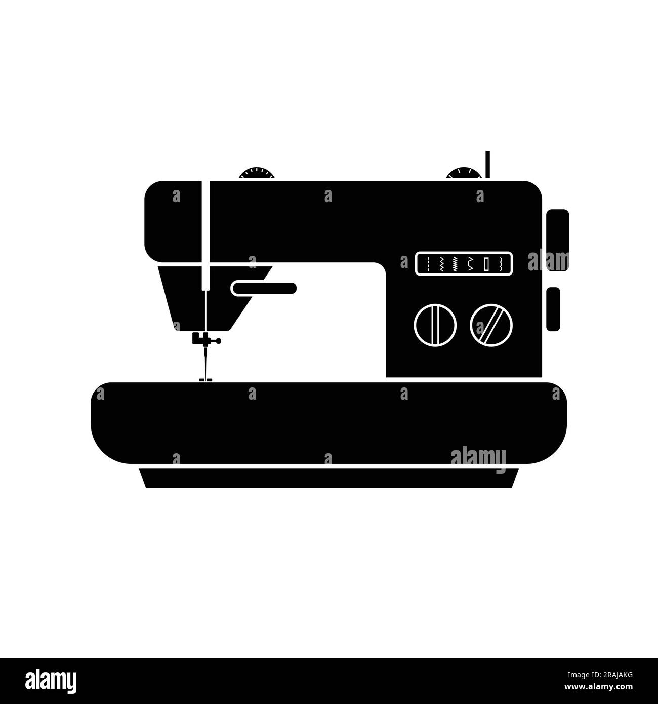 Vettore piatto silhouette macchina da cucire. Illustrazione della macchina da cucire in bianco e nero su sfondo bianco. Icona per il concetto di cucito. Attrezzatura per sarti Illustrazione Vettoriale