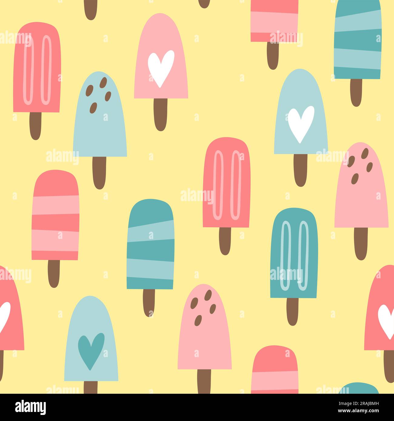 Motivo Popsicle senza cuciture. Ghiaccioli isolati isolati isolati isolati su sfondo giallo. Design con ripetizione quadrata. Illustrazione vettoriale. Illustrazione Vettoriale