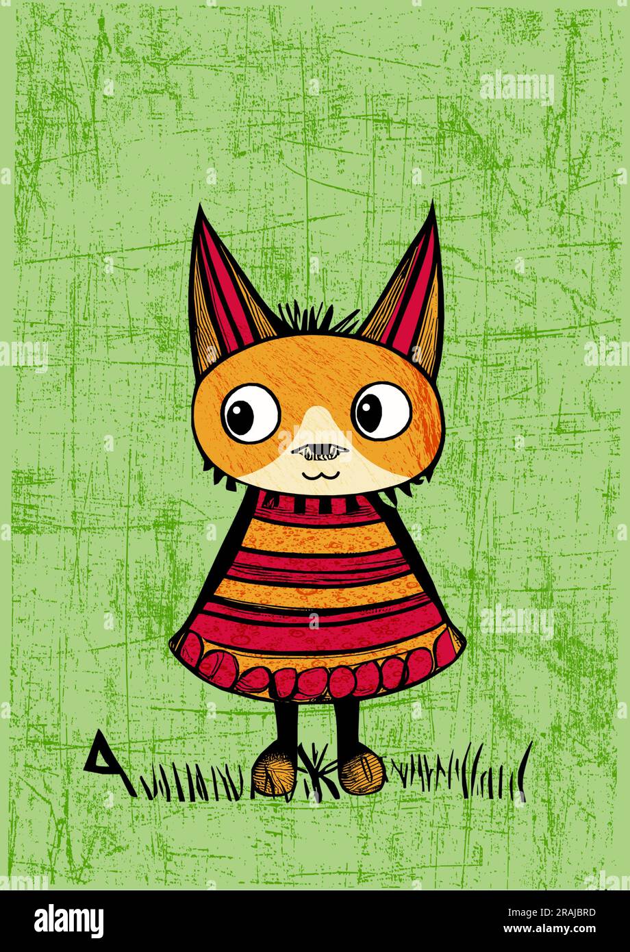 Adorabile illustrazione dei personaggi di un gatto, perfetta per libri per bambini o pagine web per bambini, che trovano pace interiore in mezzo all'erba vibrante Foto Stock