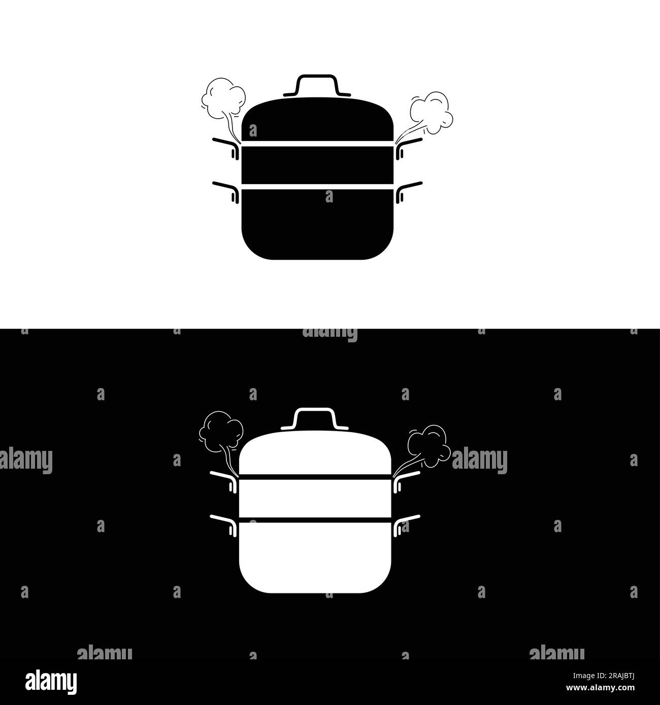 Vaso per la cottura a vapore silhouette piatto vettoriale. Utensili da cucina icona in bianco e nero per il concetto di cucina. Icona di pentole per il Web. Stoviglie. Illustrazione Vettoriale