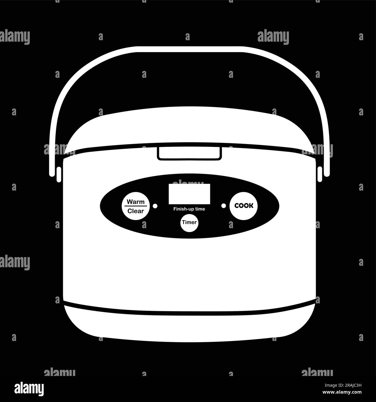 Cuoci riso elettrico con silhouette piatta vettoriale su sfondo nero. Icona degli utensili silhouette. Articolo in bianco e nero per il concetto di cucina, dispositivi da cucina Illustrazione Vettoriale