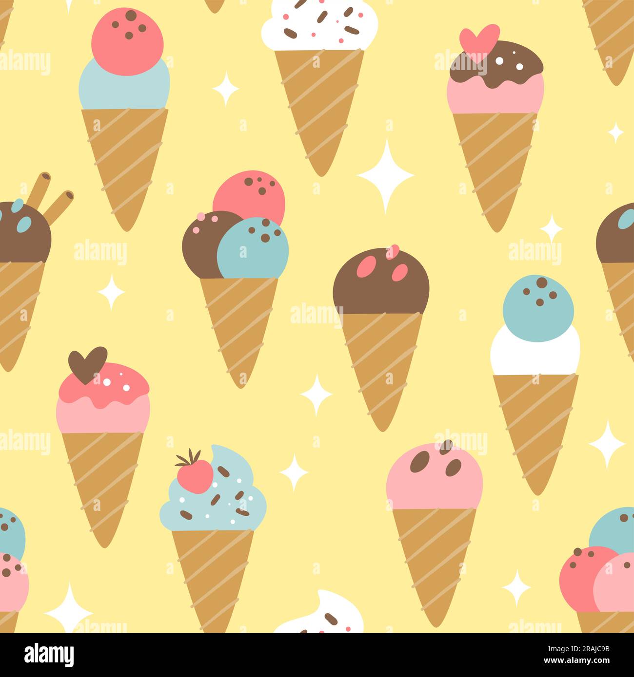 Simpatici coni gelato motivo senza cuciture con diversi condimenti e decorazioni dolci isolate su sfondo rosa. Design con ripetizione quadrata. Vettore Illustrazione Vettoriale