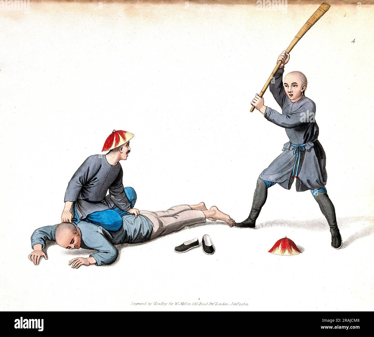 Tortura, punizione, punizione, Un uomo cinese viene trattenuto per terra da un uomo, mentre un altro lo batte con un bastone di legno, c. 1810, China, Historical, riproduzione restaurata digitalmente da un originale del XIX secolo. / Folter, Strafe, Bestrafung, Ein Chinese wird von einem Mann am Boden festgehalten, während ein anderer mit einem Holzstock auf ihn einschlägt, um 1810, China, Historisch, digital restaurierte Reproduktion von einer Vorlage aus dem 19. Jahrhundert Foto Stock