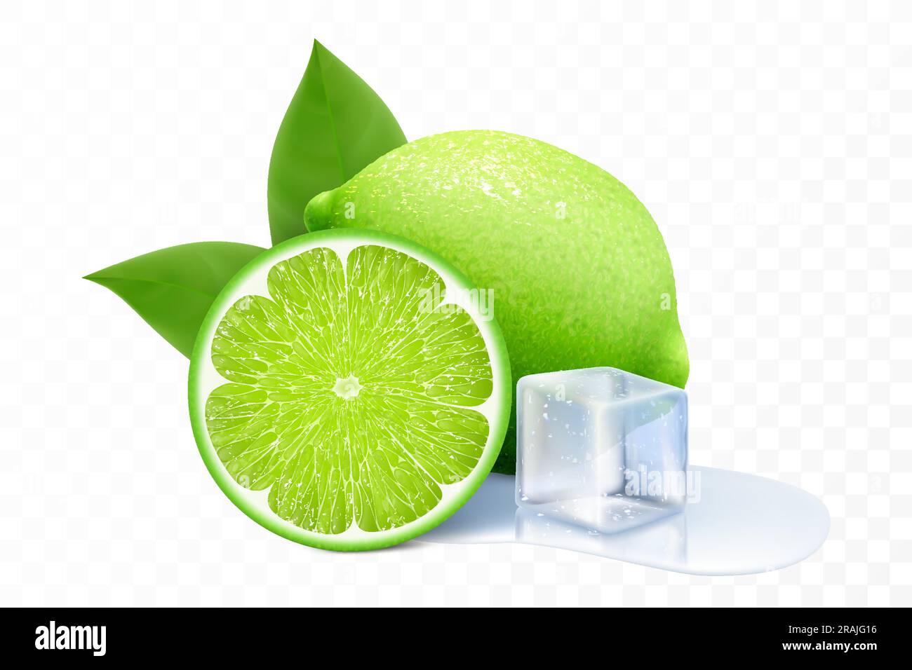 Lime fresca con cubetti di ghiaccio. Composizione di elementi lime con foglie, metà lime, lime tagliata a fette, acqua di pozzanghera. Illustrazione vettoriale realistica 3D isolata Illustrazione Vettoriale