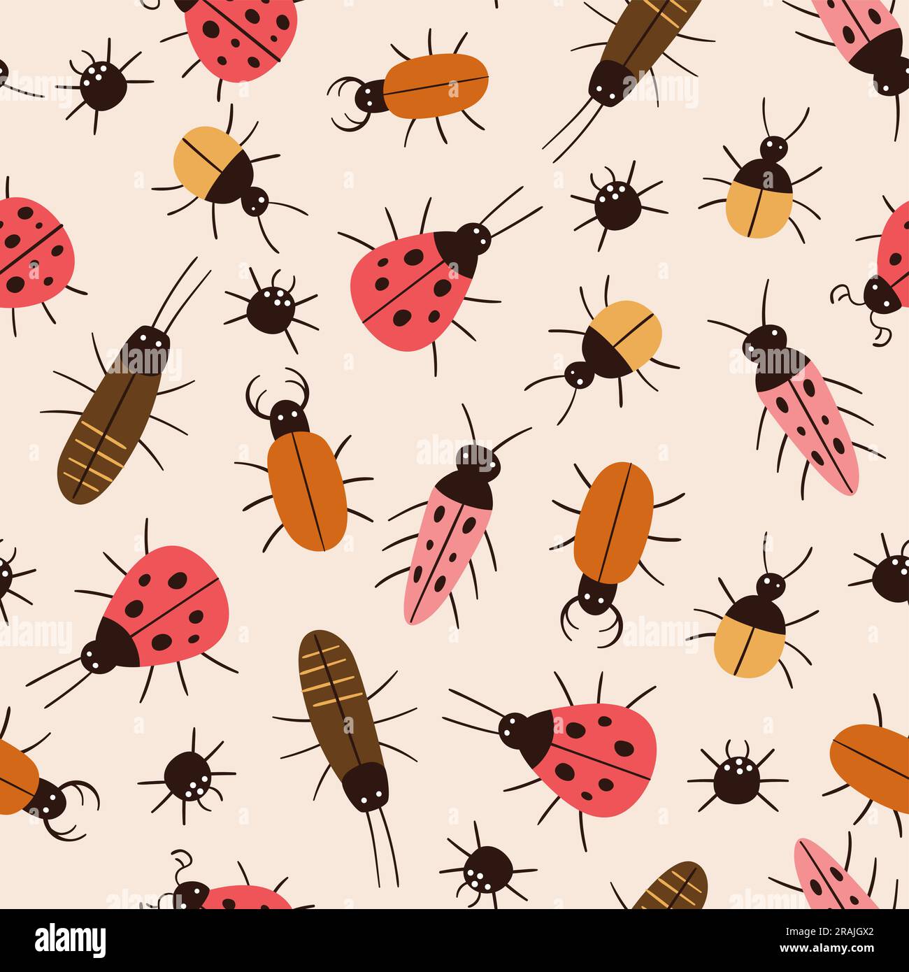 Piccoli bug senza cuciture. Piccoli e graziosi insetti ripetono il pattern isolato su sfondo color crema. Design quadrato. Illustrazione vettoriale. Illustrazione Vettoriale