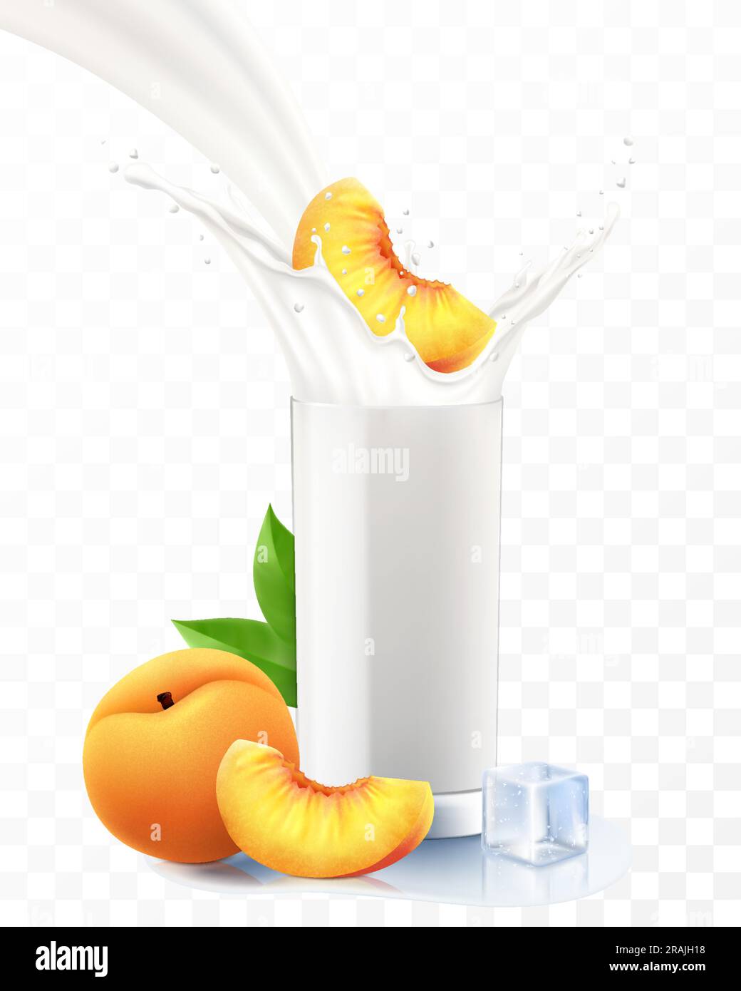 Pesca che cade in un bicchiere di latte o yogurt. Spruzzi di latte dolce. Banner pubblicitario per frullati di frutta, getti di yogurt, gocce volanti, bevanda bianca in cu di vetro Illustrazione Vettoriale