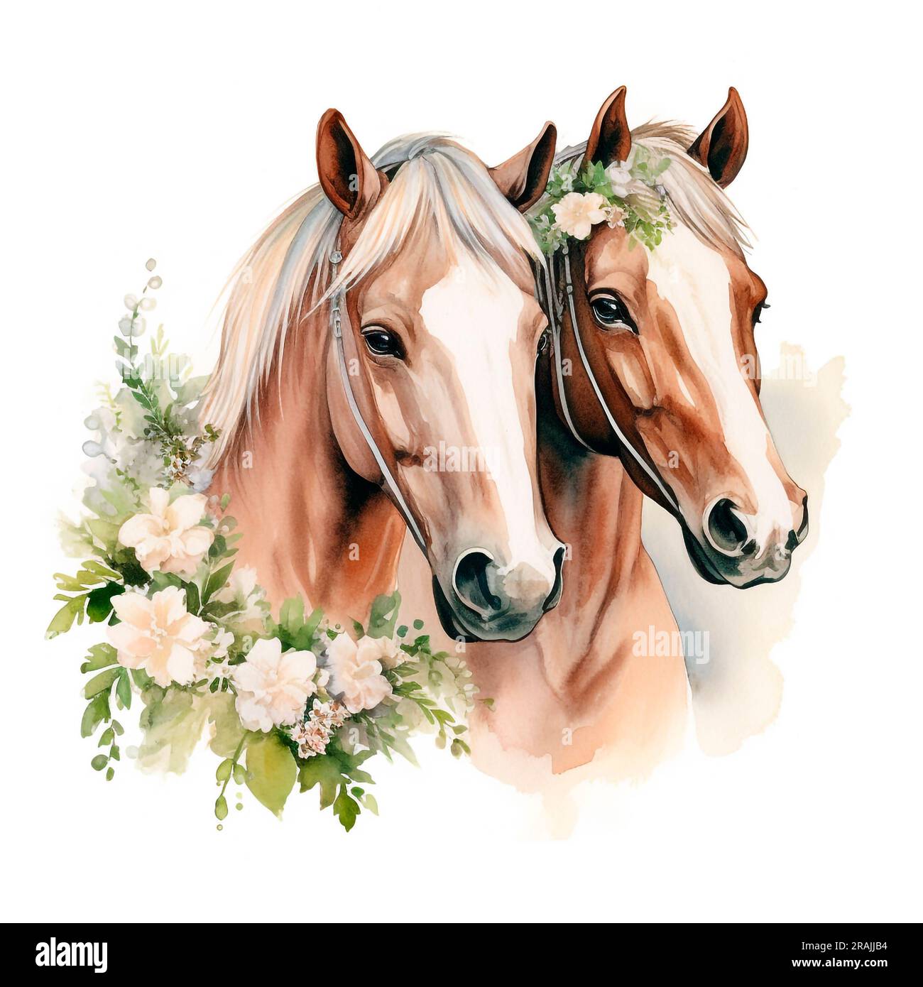 Bellissima illustrazione ad acquerello di coppie di cavalli innamorati dei fiori. Ottimo per la progettazione di stampe, tessuti, album fotografici, siti Web e molti altri Foto Stock
