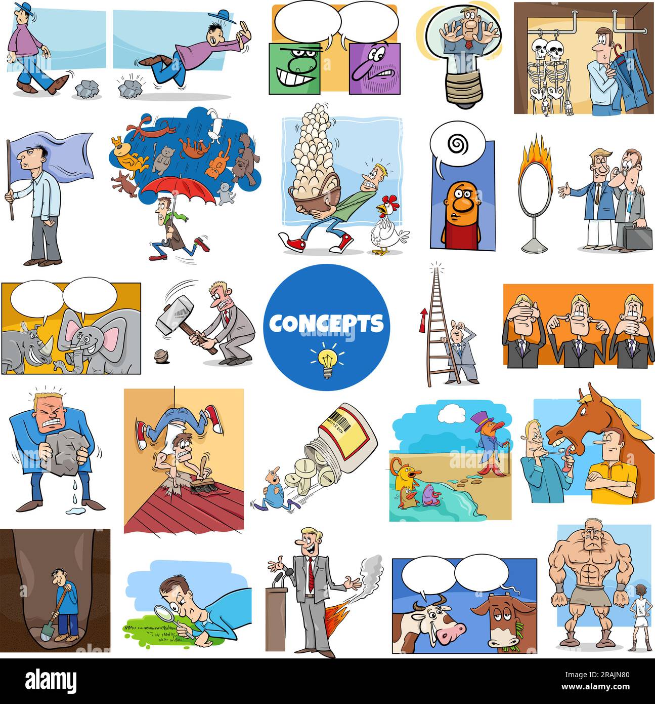 Illustrazione di un grande set di concetti umoristici di cartoni animati o metafore e idee con personaggi comici Illustrazione Vettoriale