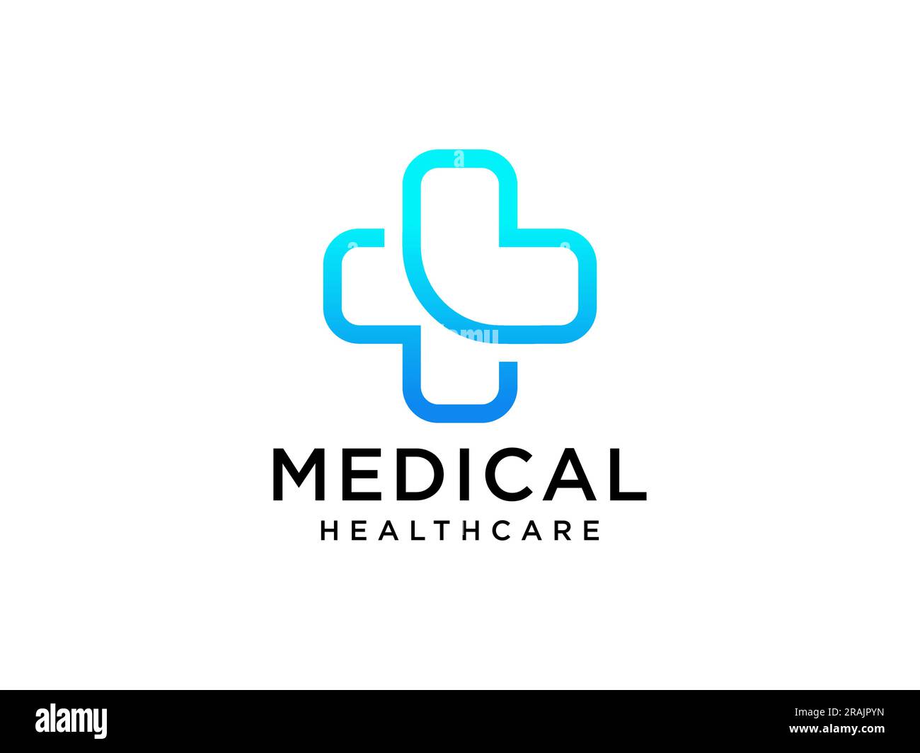 Logo sanitario moderno. Icona di salute con simbolo a croce arrotondato lineare di forma blu stile infinito isolato su sfondo bianco. Des. Logo Flat Vector Illustrazione Vettoriale