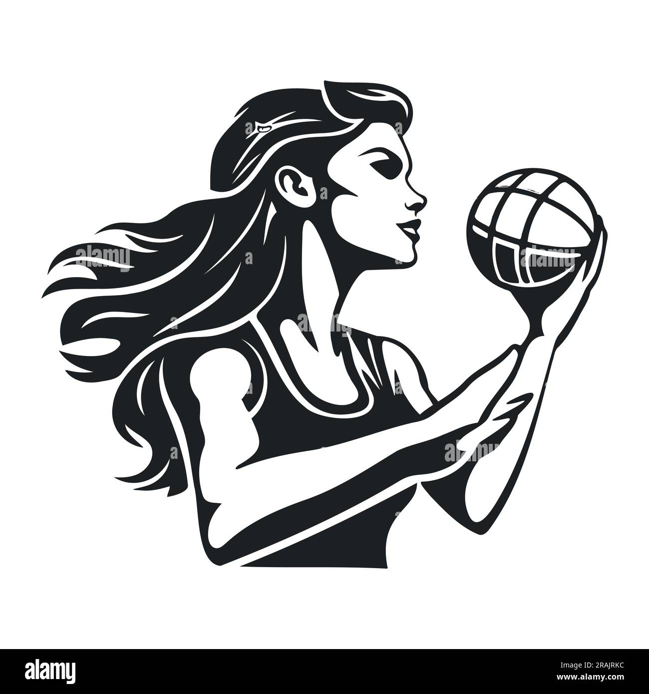 La silhouette vettoriale di una ragazza con una palla gioca a pallavolo Illustrazione Vettoriale