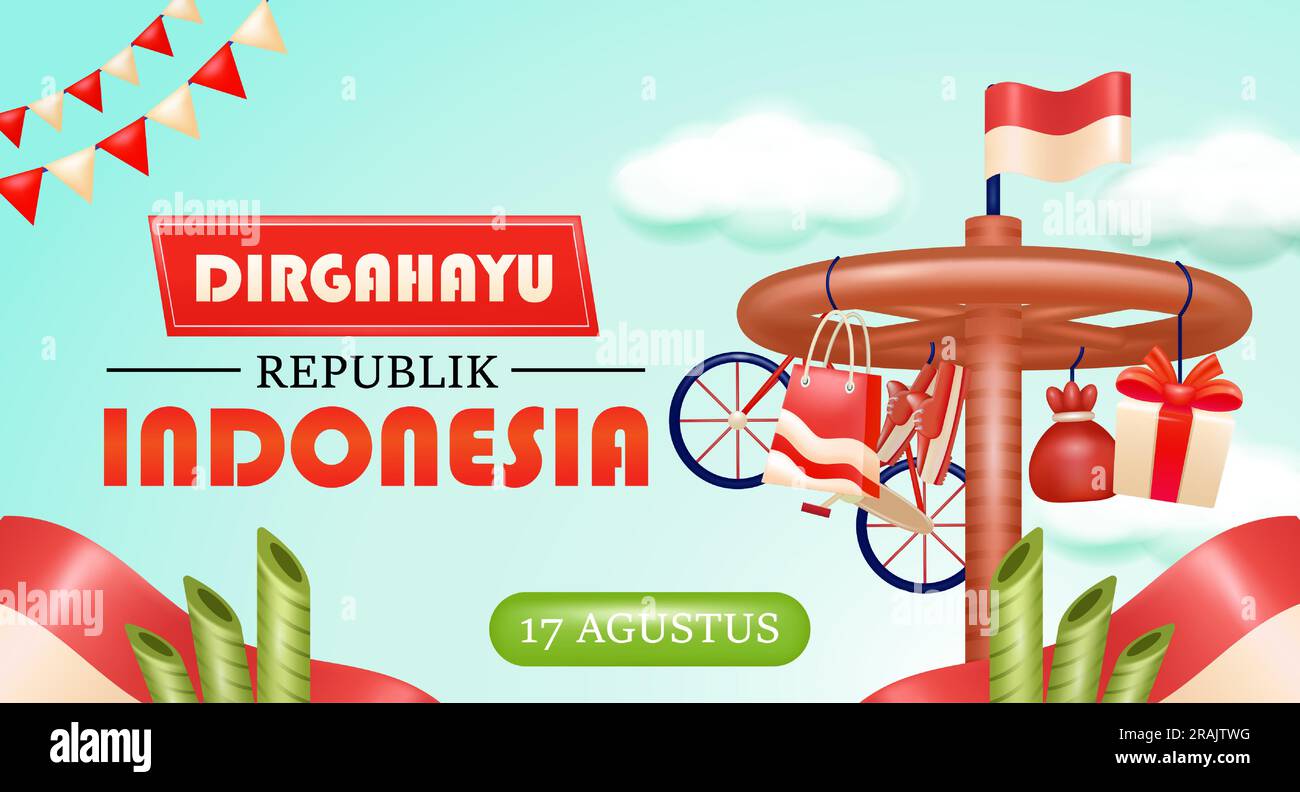 Felice giorno dell'indipendenza indonesiana. Rosso e bianco. 17 agosto. Illustrazione 3d di pinang arrampicata, bandiera indonesiana e bambù appuntito, banne adatto Illustrazione Vettoriale