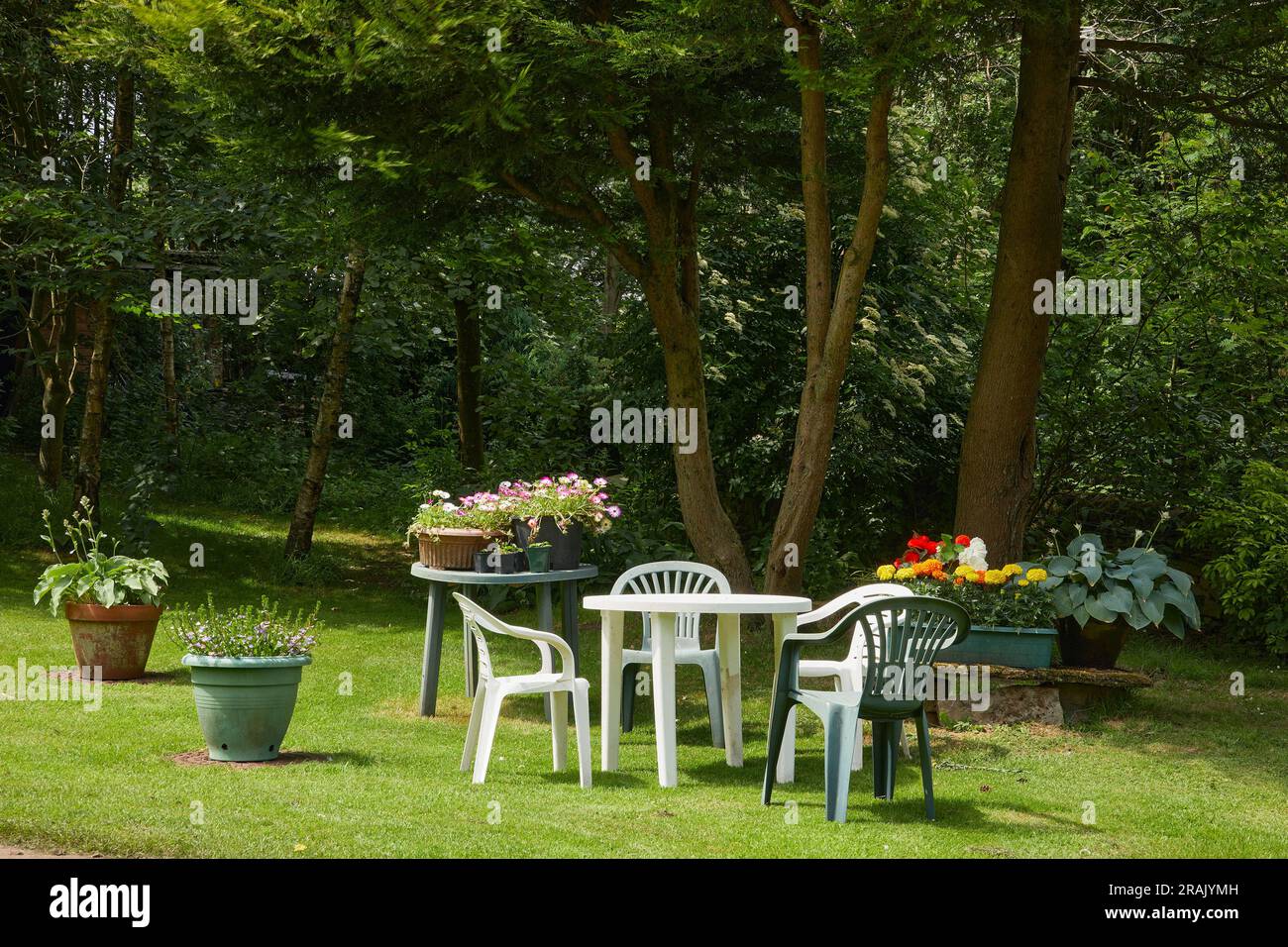 Un soleggiato giorno di giugno e mobili da giardino in plastica disposti su un prato nel piccolo giardino della brughiera. North Yorkshire Foto Stock