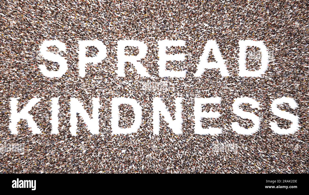 Concetto o grande comunità concettuale di gente che forma lo slogan DI BONTÀ DI DIFFUSIONE. 3d metafora dell'illustrazione per la gentilezza e l'amore, la carità e la condivisione Foto Stock