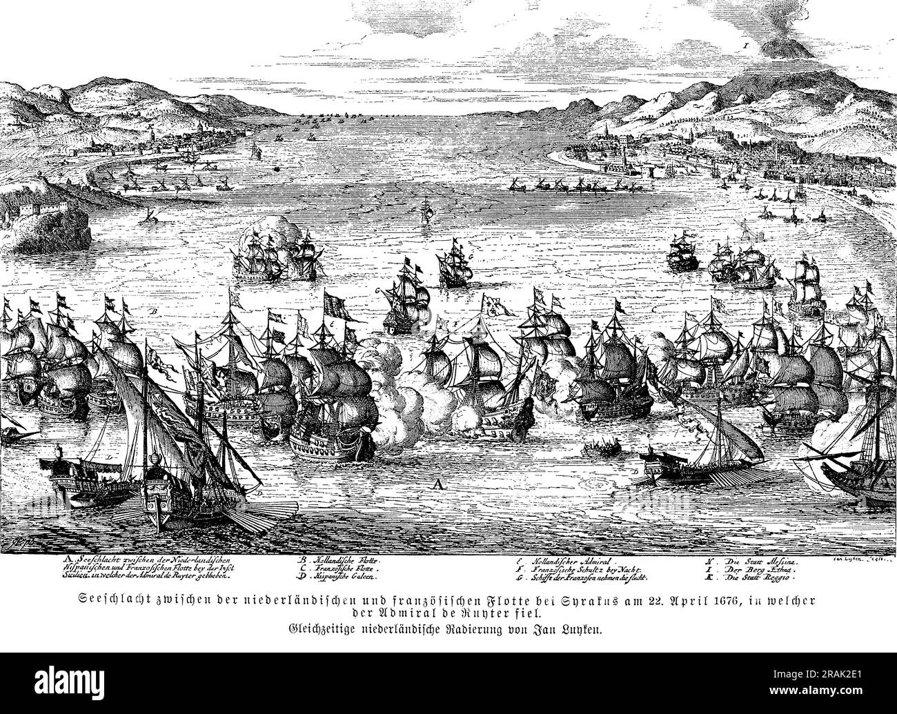 Battaglia navale tra la marina olandese e quella francese nei pressi di Siracusa - Sicilia, dove l'ammiraglio de Ruyter fu ferito a morte, il 22 aprile 1676 Foto Stock