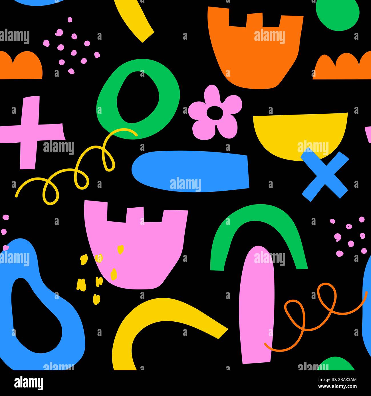 Fantasia astratta disegnata a mano Y2K senza cuciture. Forme colorate a forma di doodle vettoriale in stile rétro anni '70 Illustrazione Vettoriale