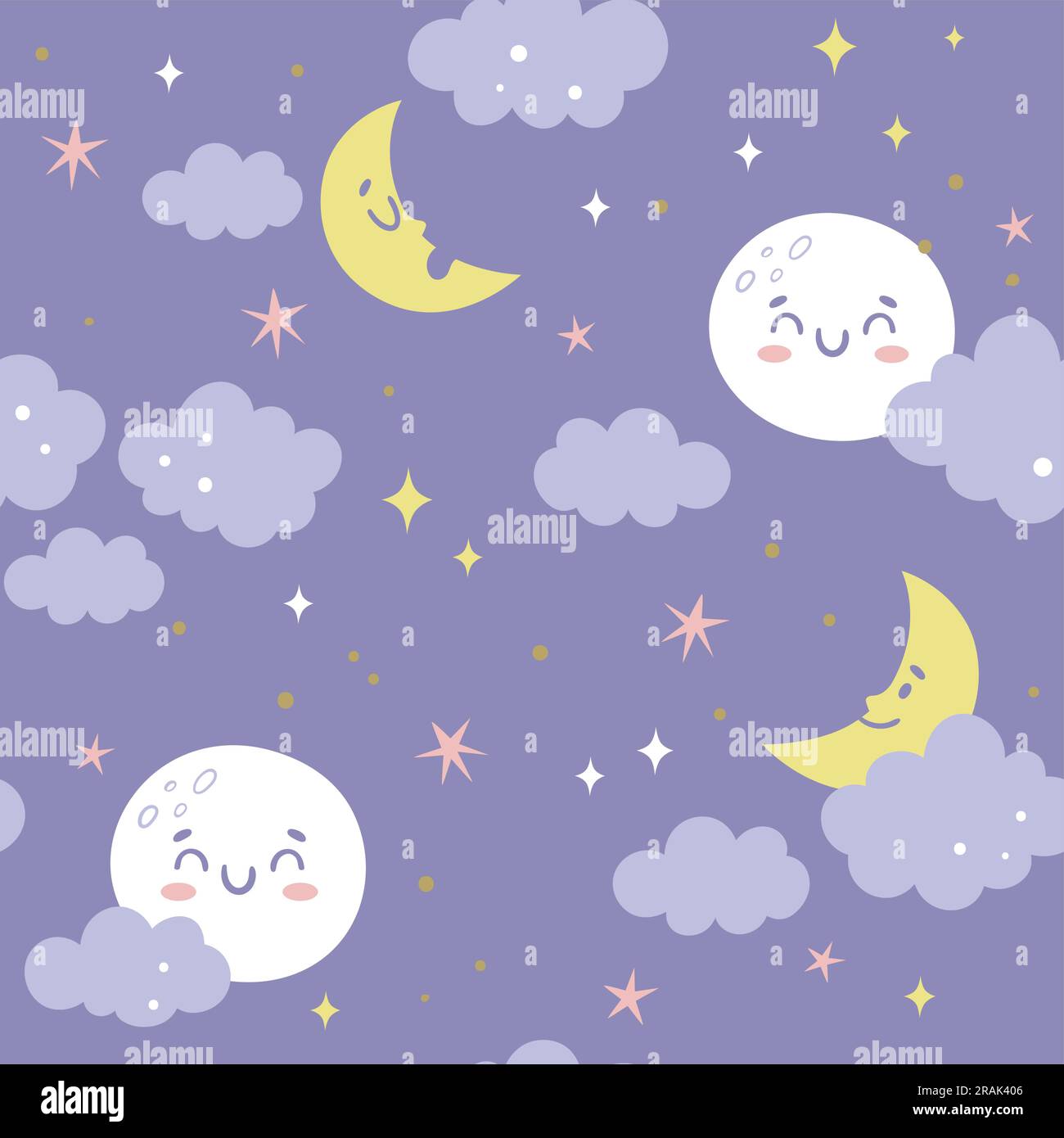 Luna e nuvole senza cuciture. Luna carina, stelle e nuvole si ripetono. Decorazione del vivaio. Illustrazione del vettore piatto. Illustrazione Vettoriale