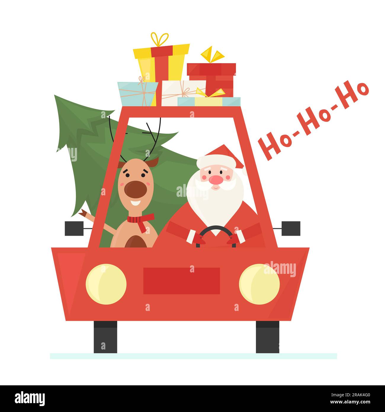 Grazioso Babbo Natale con il suo cervo che guida un'auto che consegna l'albero di natale e regali. Illustrazione vettoriale piatta per design, biglietti d'auguri. Illustrazione Vettoriale