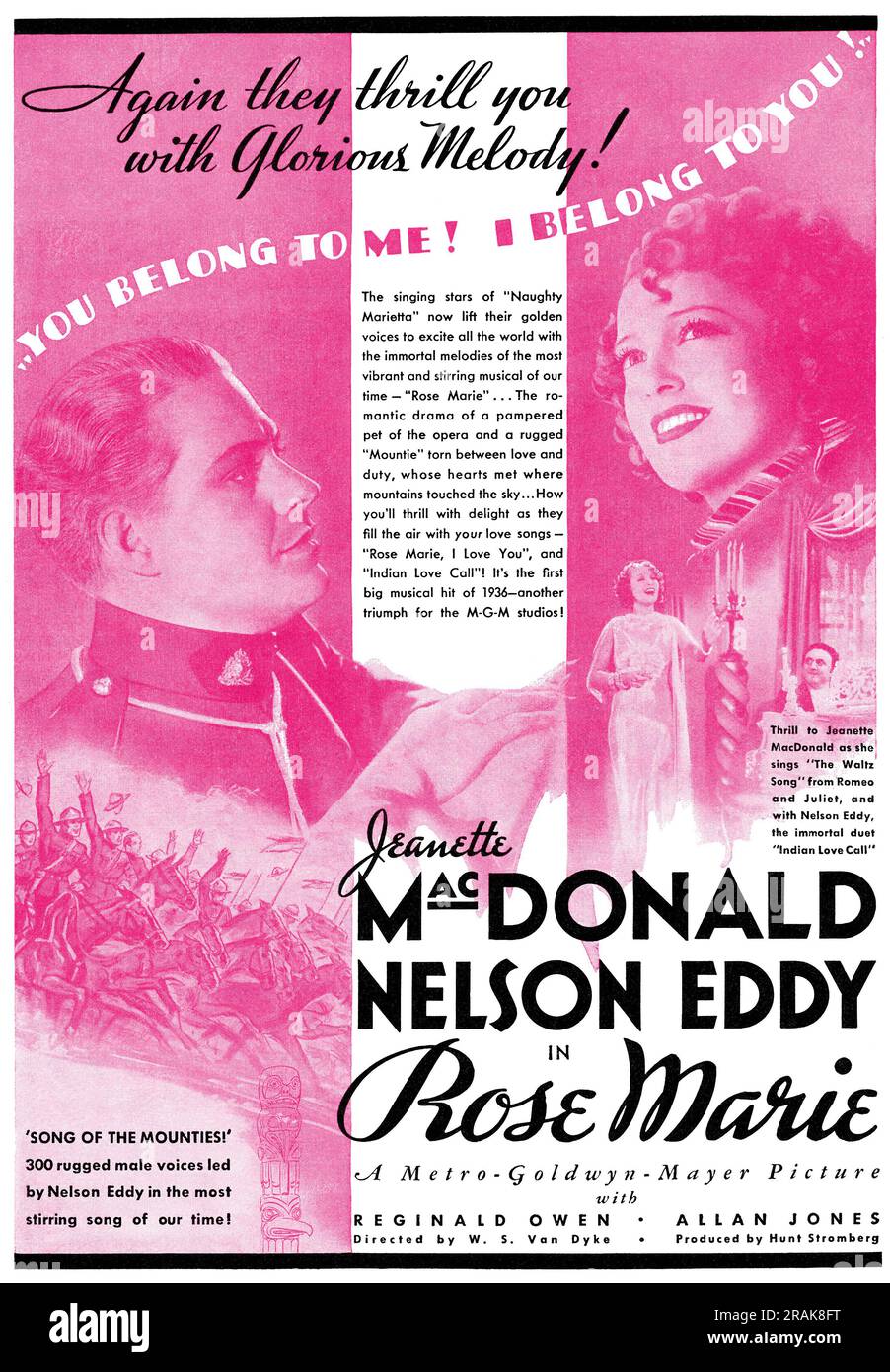 1936 pubblicità britannica per il musical di Hollywood Rose Marie, con Jeanette MacDonald e Nelson Eddy. Foto Stock