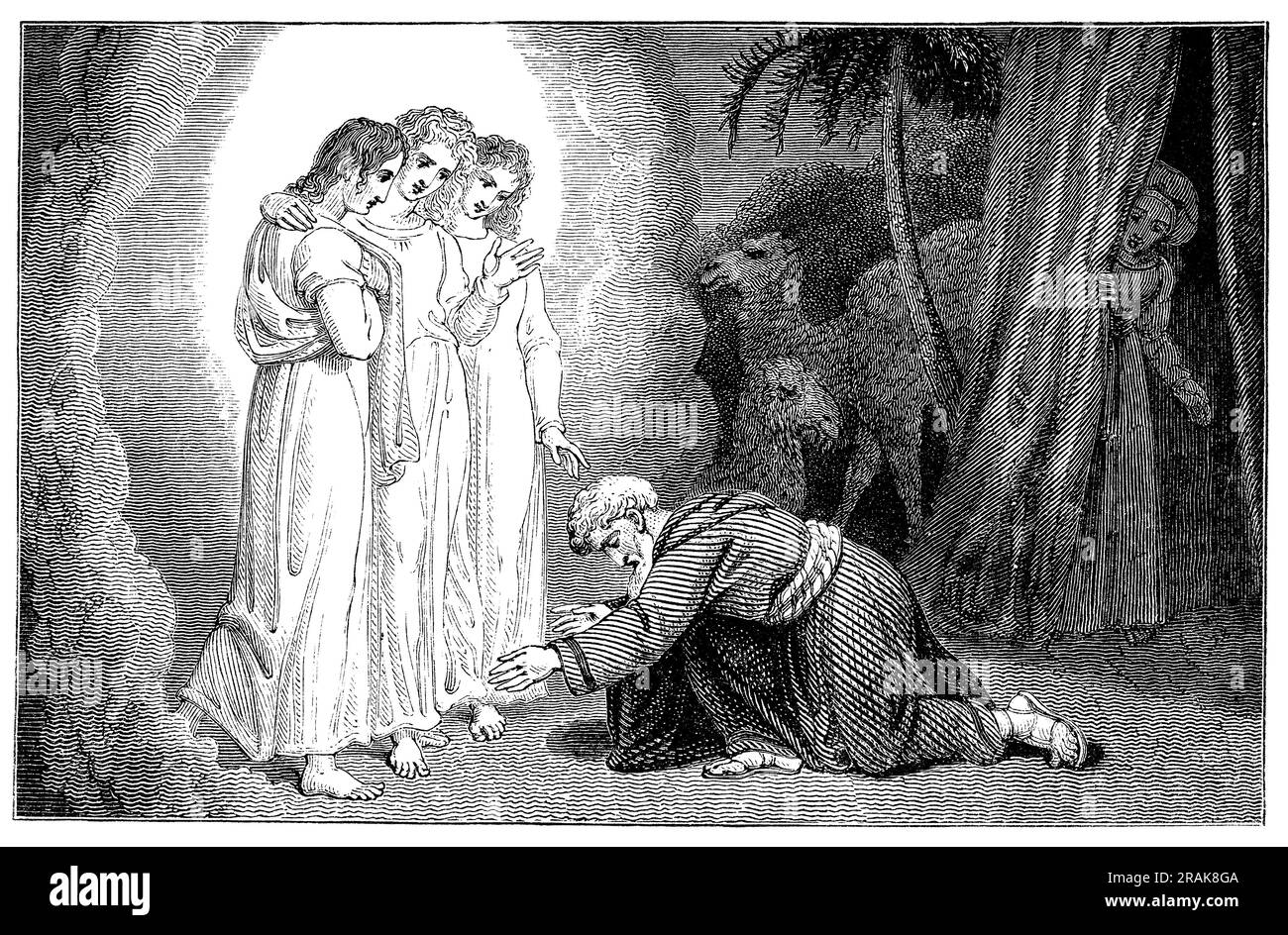 Incisione religiosa di epoca vittoriana di Abramo e dei tre angeli. Foto Stock