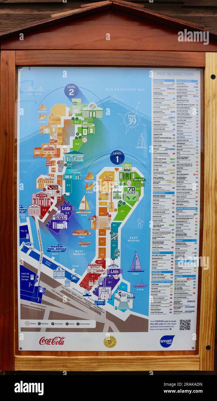 Informazioni turistiche Mappa del Molo 39 su una bacheca Fisherman's Wharf San Francisco California USA Foto Stock