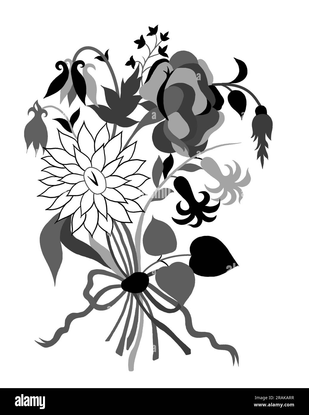 Un bellissimo design floreale astratto con fiori e foglie colorate e alla moda. Fiori fantasia, Foto Stock