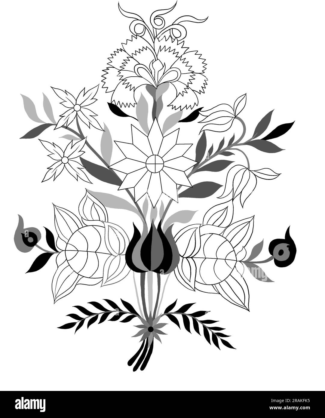 Un bellissimo design floreale astratto con fiori e foglie colorate e alla moda. Fiori di fantasia Foto Stock