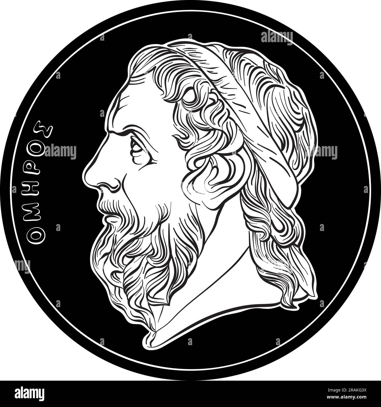 Diritto vettoriale bianco e nero di moneta greca, moneta da 50 dracme con profilo Omero Illustrazione Vettoriale