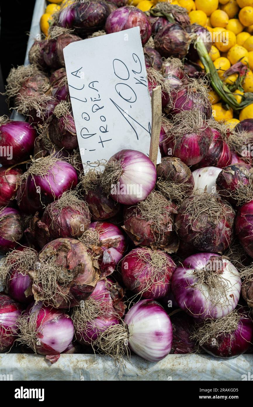 Le cipolle viola locali in Italia si chiamano Cipolla di Tropea Foto Stock