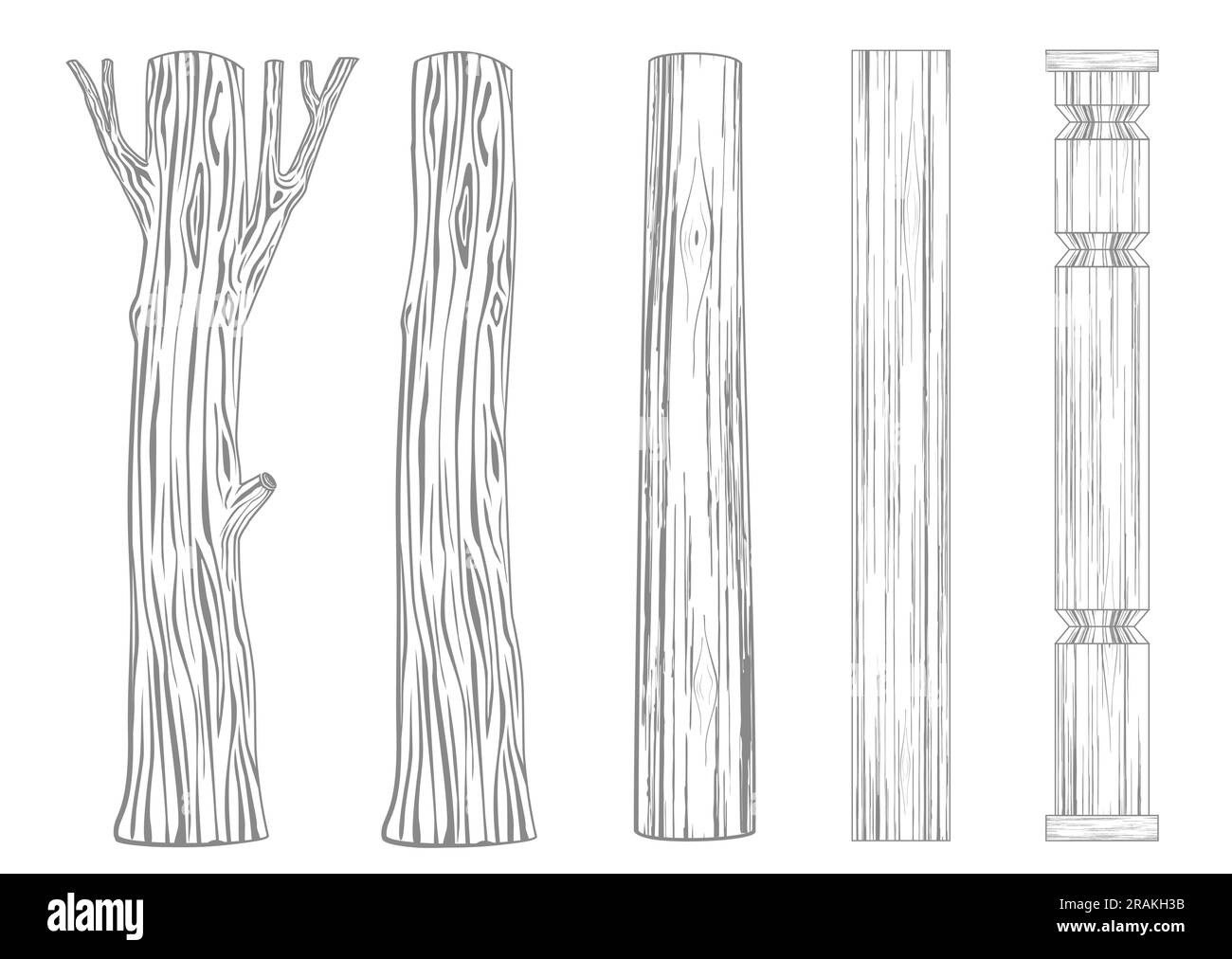 Vettore. Set di colonne in legno colonne tronco d'albero. Registri e filiali Illustrazione Vettoriale