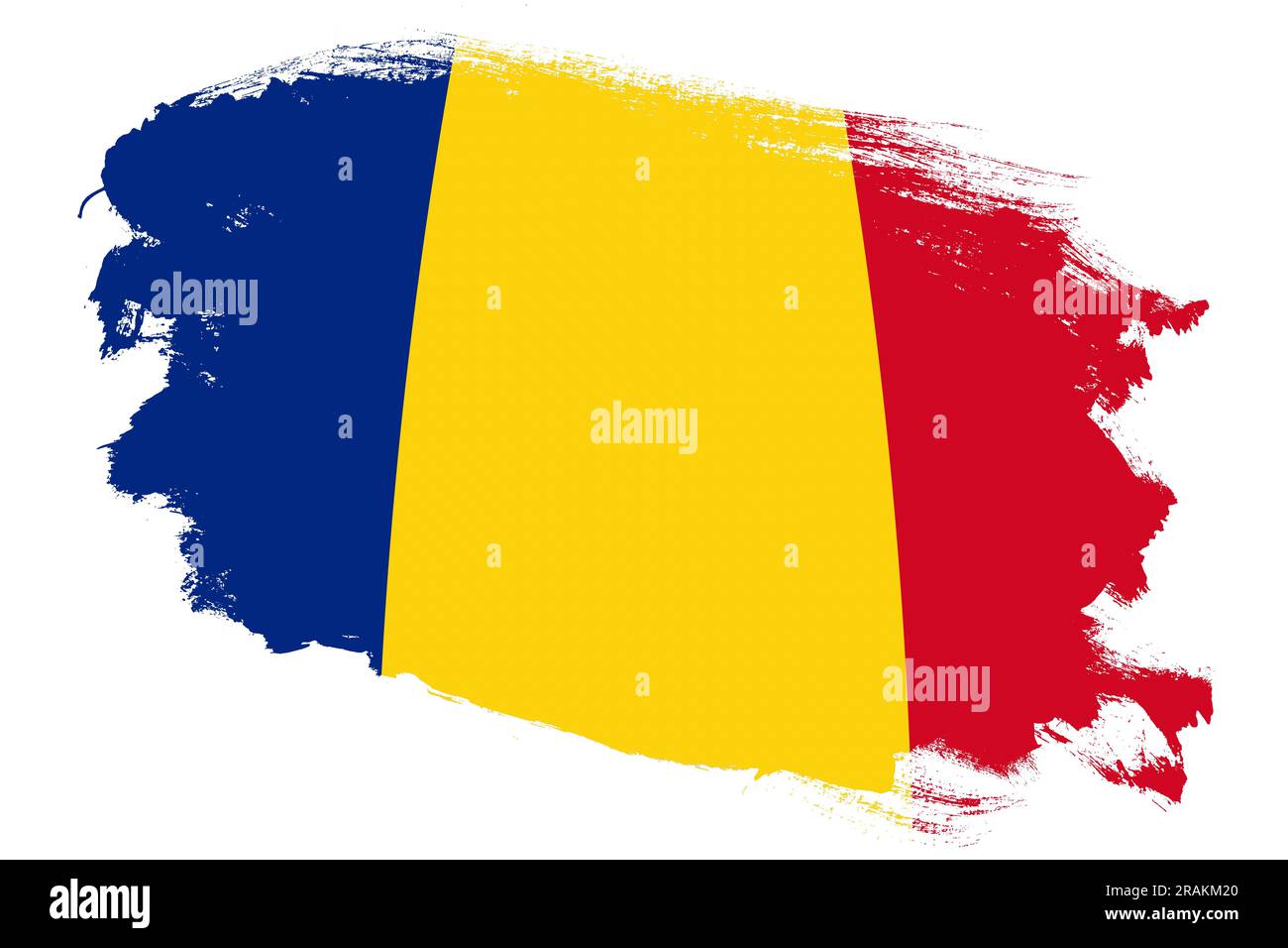 Bandiera nazionale della Romania su sfondo bianco ruvido pennello con tratti grunge Foto Stock