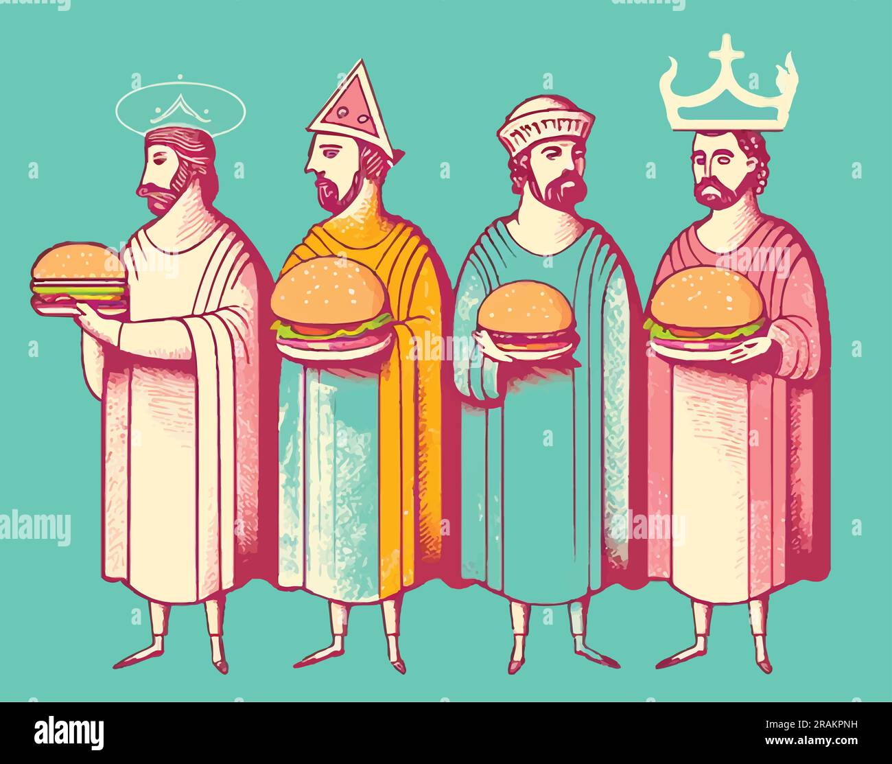 Vettore di Sant'Antonio Abbott, Sant'Uberto, San Lorenzo di Roma e Sant'Arnolfo di Metz (santi patroni del cibo) che tengono hamburger. Illustrazione Vettoriale