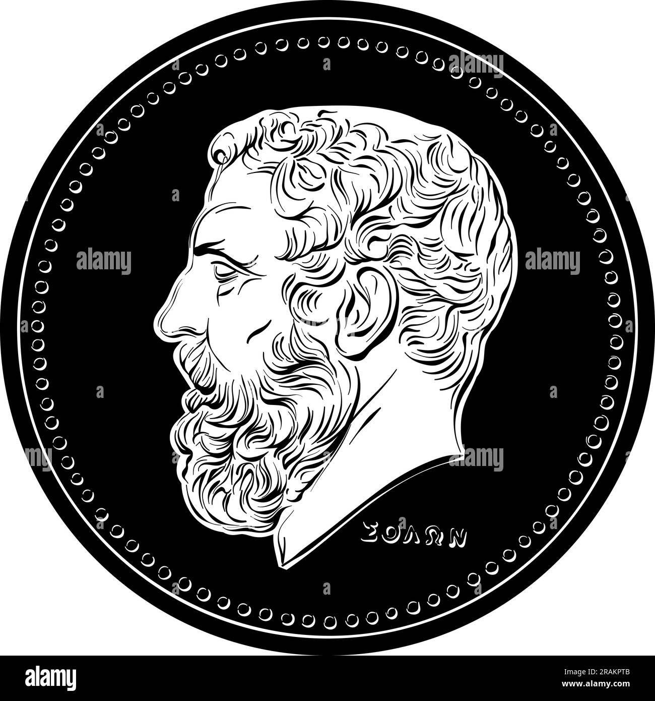 Nero e bianco vettore obverso di denaro greco, moneta da 50 dracme con profilo Solon Illustrazione Vettoriale