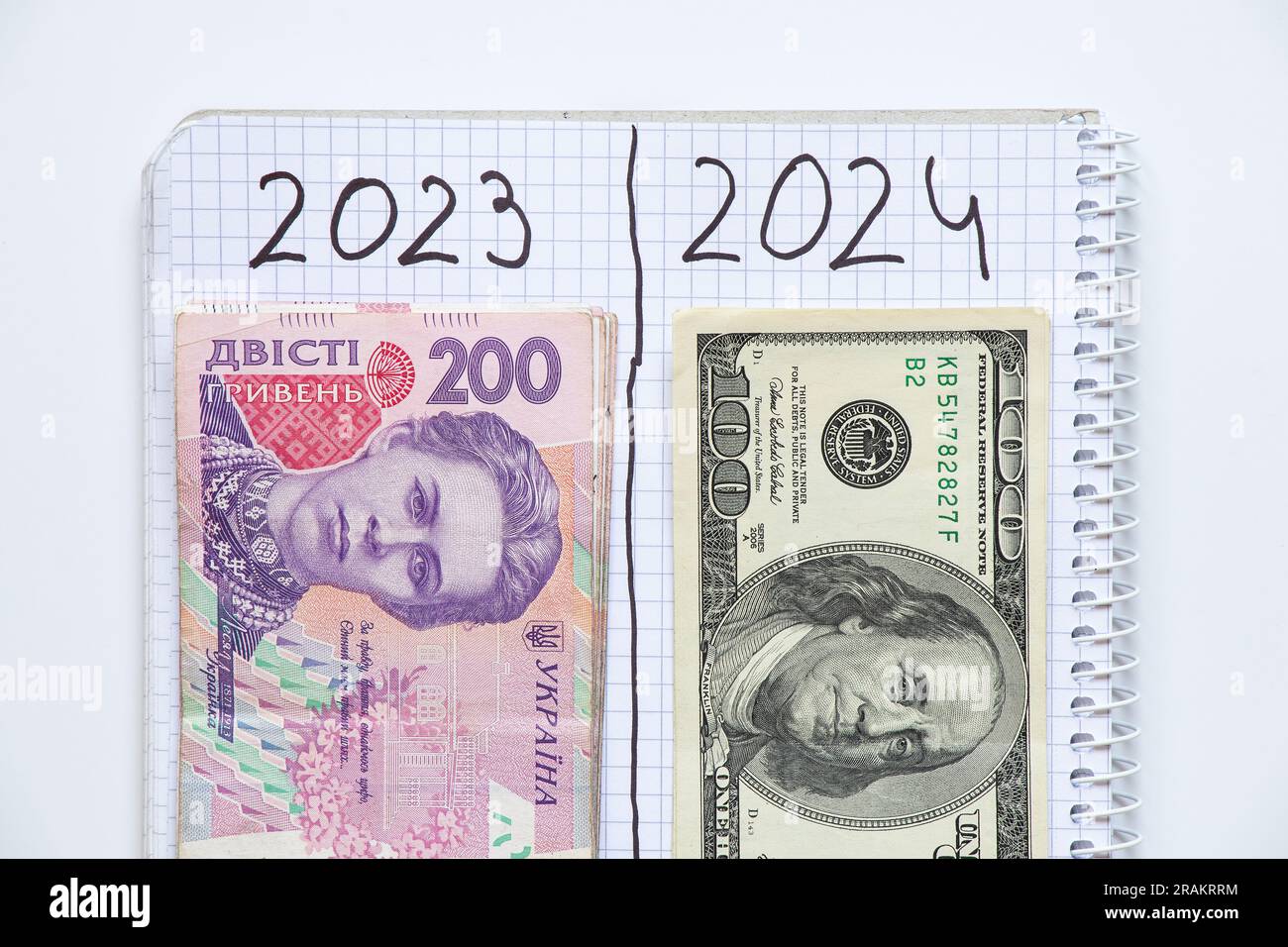 Il notebook è diviso in due metà, dove 2023 e dieci euro nella seconda metà del 2024 e cento dollari, profitto e successo nel nuovo YE Foto Stock