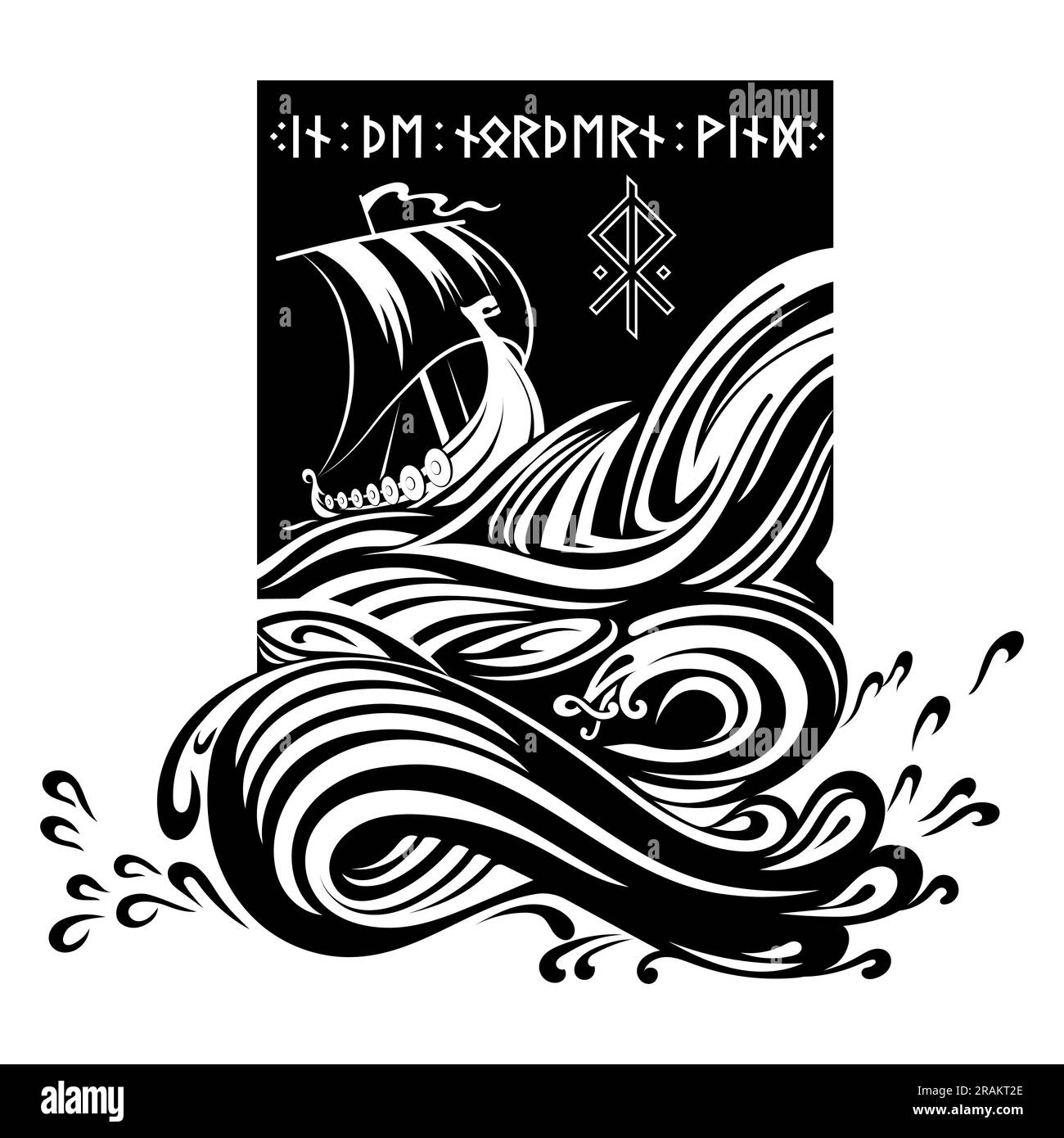Design scandinavo vichingo. La nave vichinga Drakkar naviga sulle onde del mare tempestoso Illustrazione Vettoriale