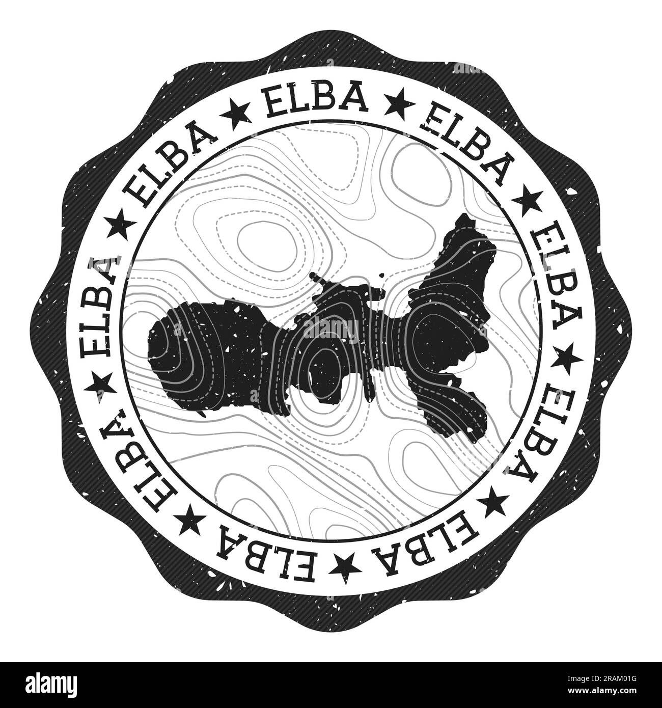 Francobollo all'aperto dell'Elba. Adesivo rotondo con mappa dell'isola con isoline topografiche. Illustrazione vettoriale. Illustrazione Vettoriale