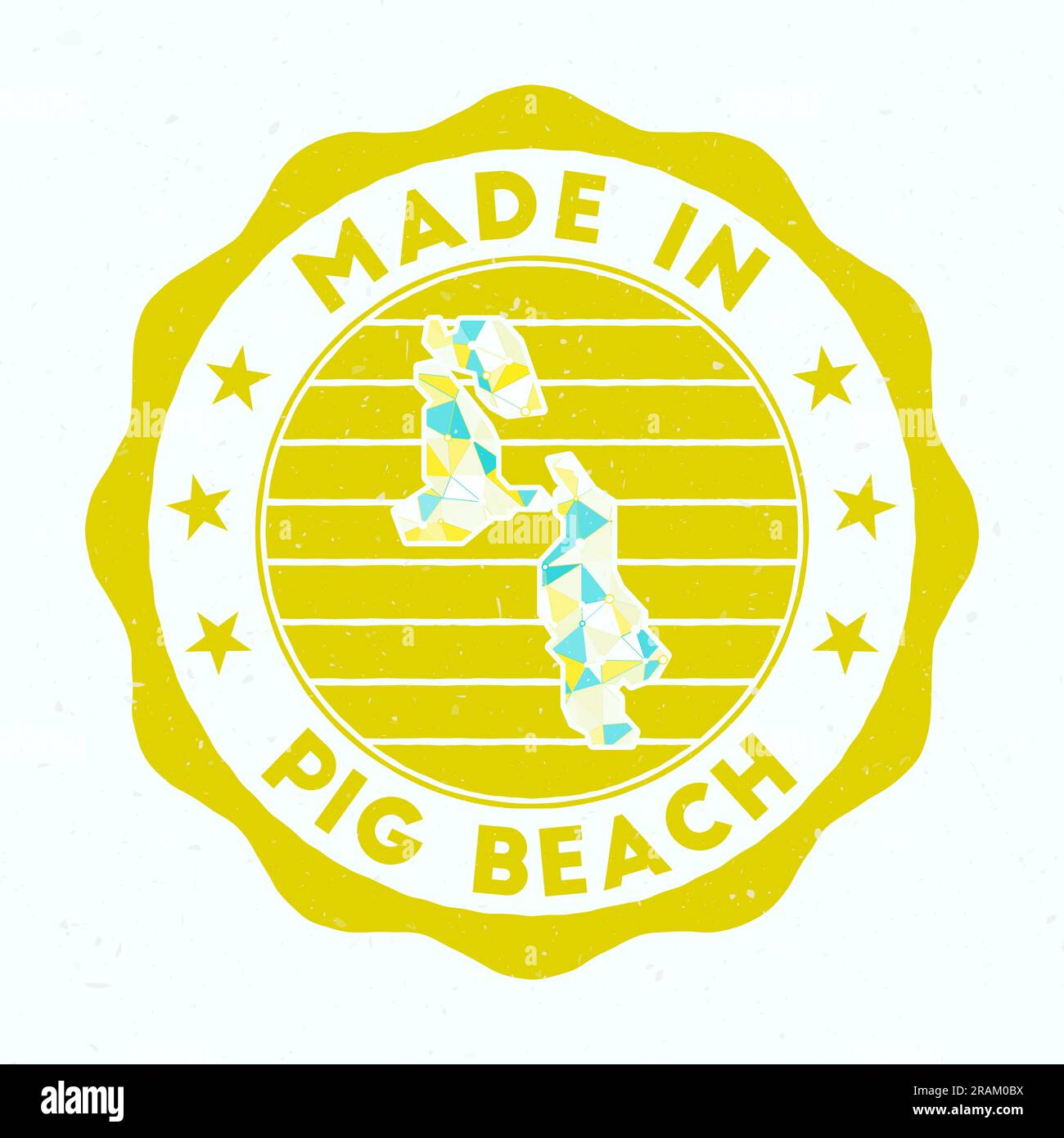 Made in Pig Beach. Francobollo rotondo dell'isola. Seal of Pig Beach con forma a bordo. Badge vintage con testo circolare e stelle. Illustrazione vettoriale. Illustrazione Vettoriale