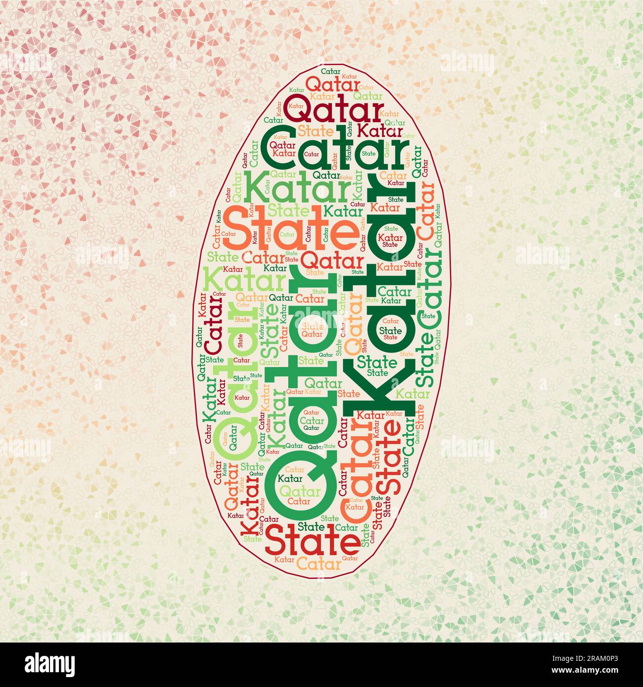 Forma del Qatar con nomi di paese parola nuvola in più lingue. Mappa del confine con il Qatar su triangoli vibranti sparsi per il territorio. Interessante illustrazione vettoriale Illustrazione Vettoriale