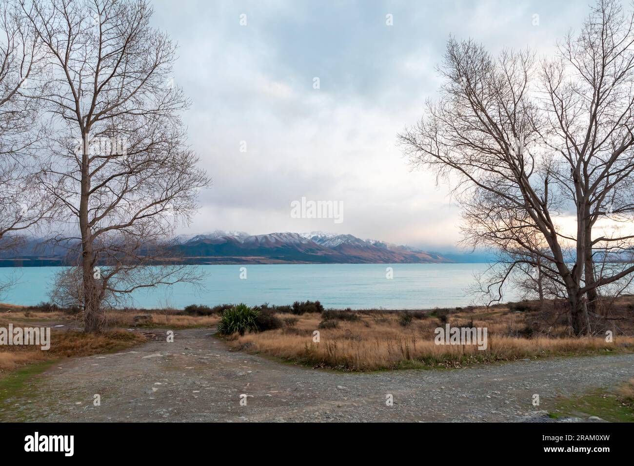 Fotografa il lago Pukaki la mattina presto in una giornata nuvolosa con montagne innevate sullo sfondo dell'Isola del Sud della nuova Zelanda Foto Stock