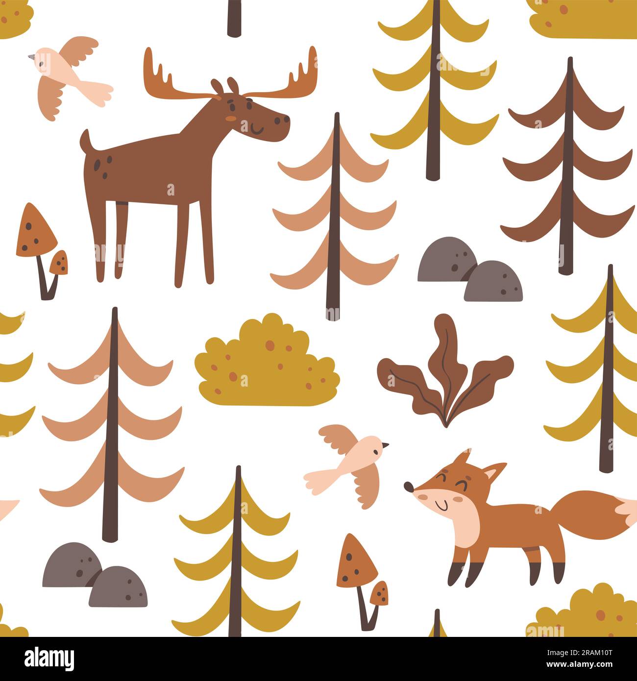 Ripetizione senza giunzioni foresta. Cervi e volpi tra alberi isolati su sfondo bianco. Design con ripetizione quadrata. Illustrazione vettoriale. Illustrazione Vettoriale