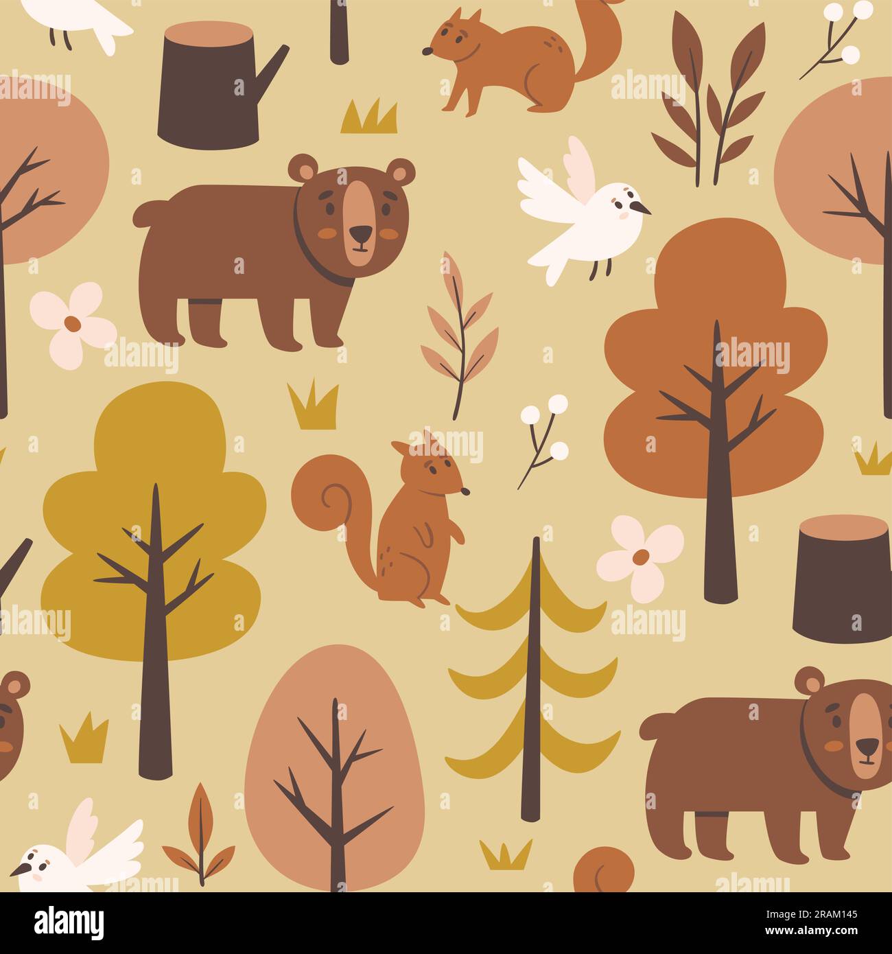 Modello di foresta senza giunture con orsi, uccelli e scoiattoli. Design con ripetizione quadrata. Illustrazione vettoriale. Illustrazione Vettoriale