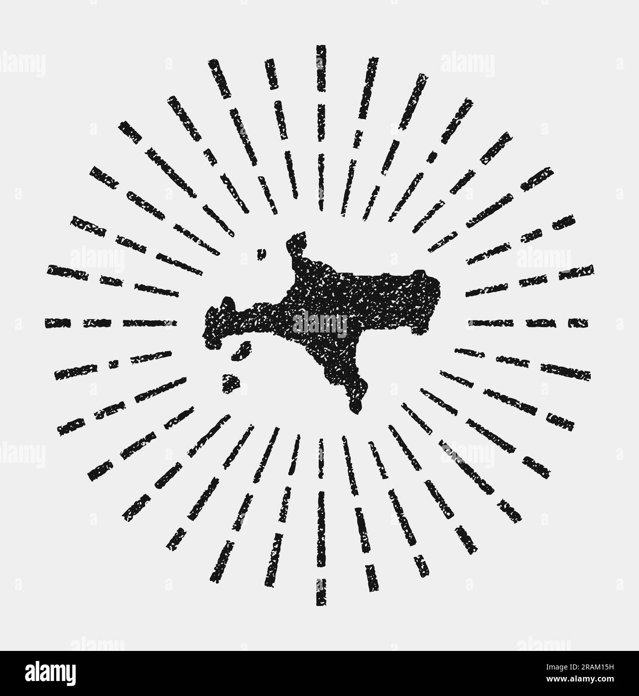 Mappa vintage di Ko Mak. Scoppia il sole intorno all'isola. Forma Ko Mak nera con raggi solari su sfondo bianco. Illustrazione vettoriale. Illustrazione Vettoriale