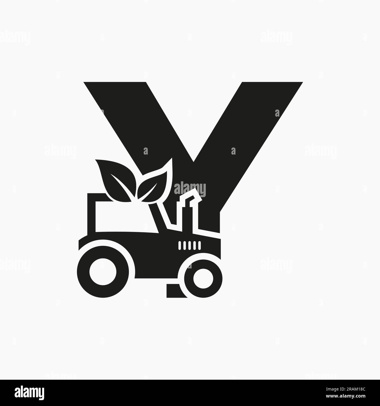 Concetto di logo agricolo lettera Y con icona trattore modello vettoriale. Simbolo Eco Farm Illustrazione Vettoriale