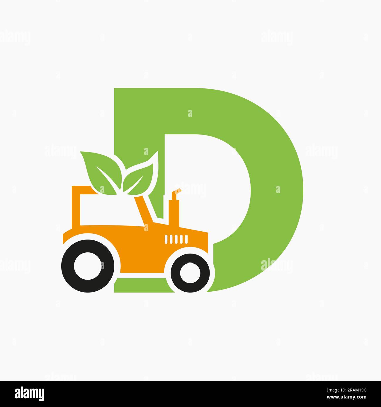 Logo agricolo Letter D con icona trattore modello vettoriale. Simbolo Eco Farm Illustrazione Vettoriale
